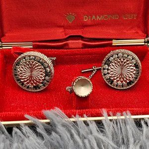 Vintage Silver-tone Di Gino Diamond Cut Cuff Links and Tie Tack Original Box